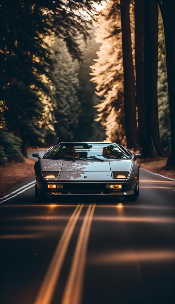 illustration of a sport car on a lonely road with a view of trees , photo