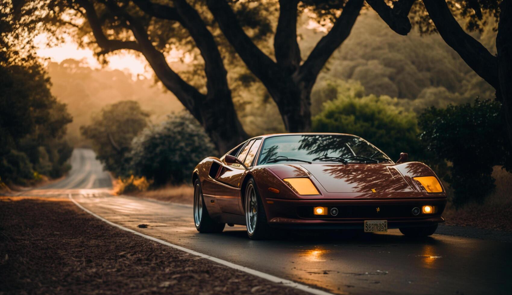 illustration of a sport car on a lonely road with a view of trees , photo