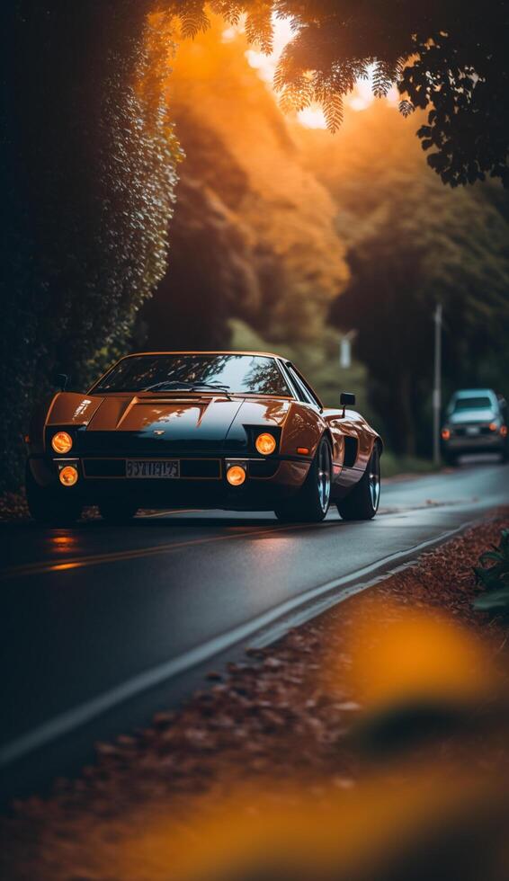 illustration of a sport car on a lonely road with a view of trees , photo