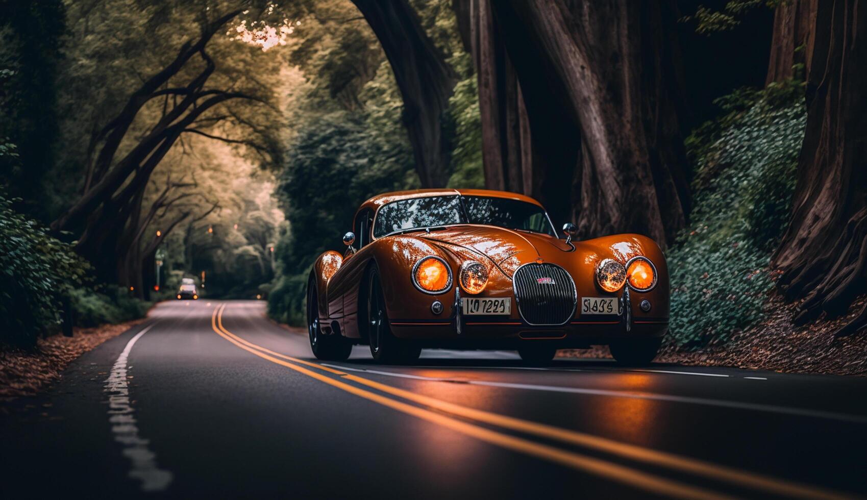 illustration of a sport car on a lonely road with a view of trees , photo