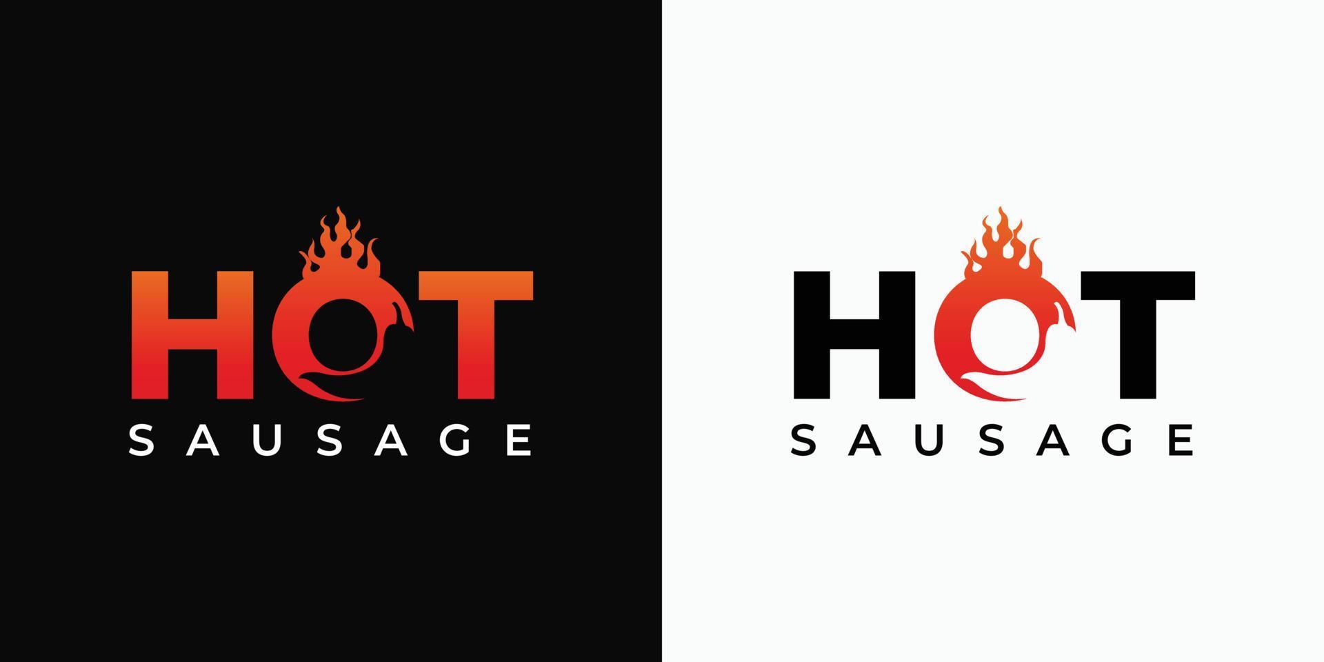 Hot sausage typography logo design with fire flame. vector