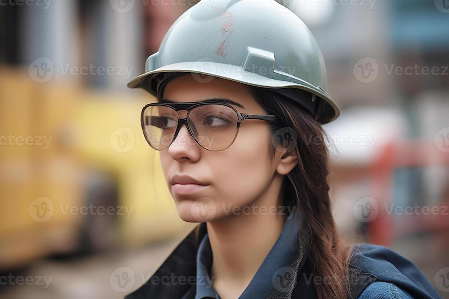 Portrait of a female engineer wearing a construction helmet at a construction site. photo
