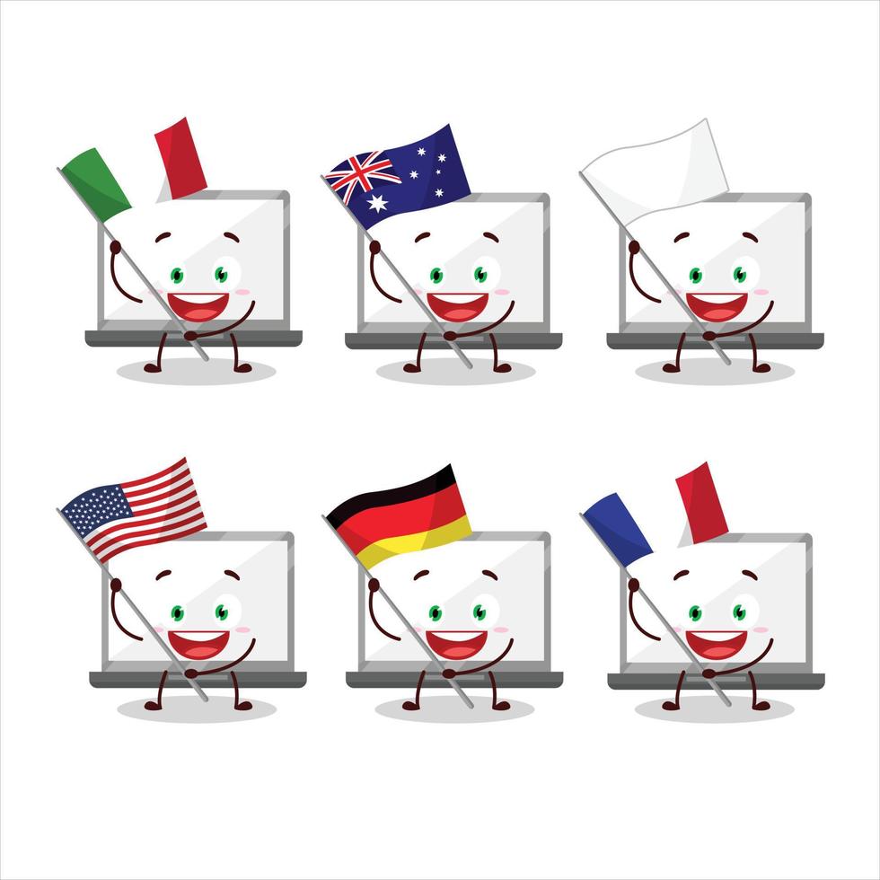 Laptop cartoon character bring the flags of various countries vector