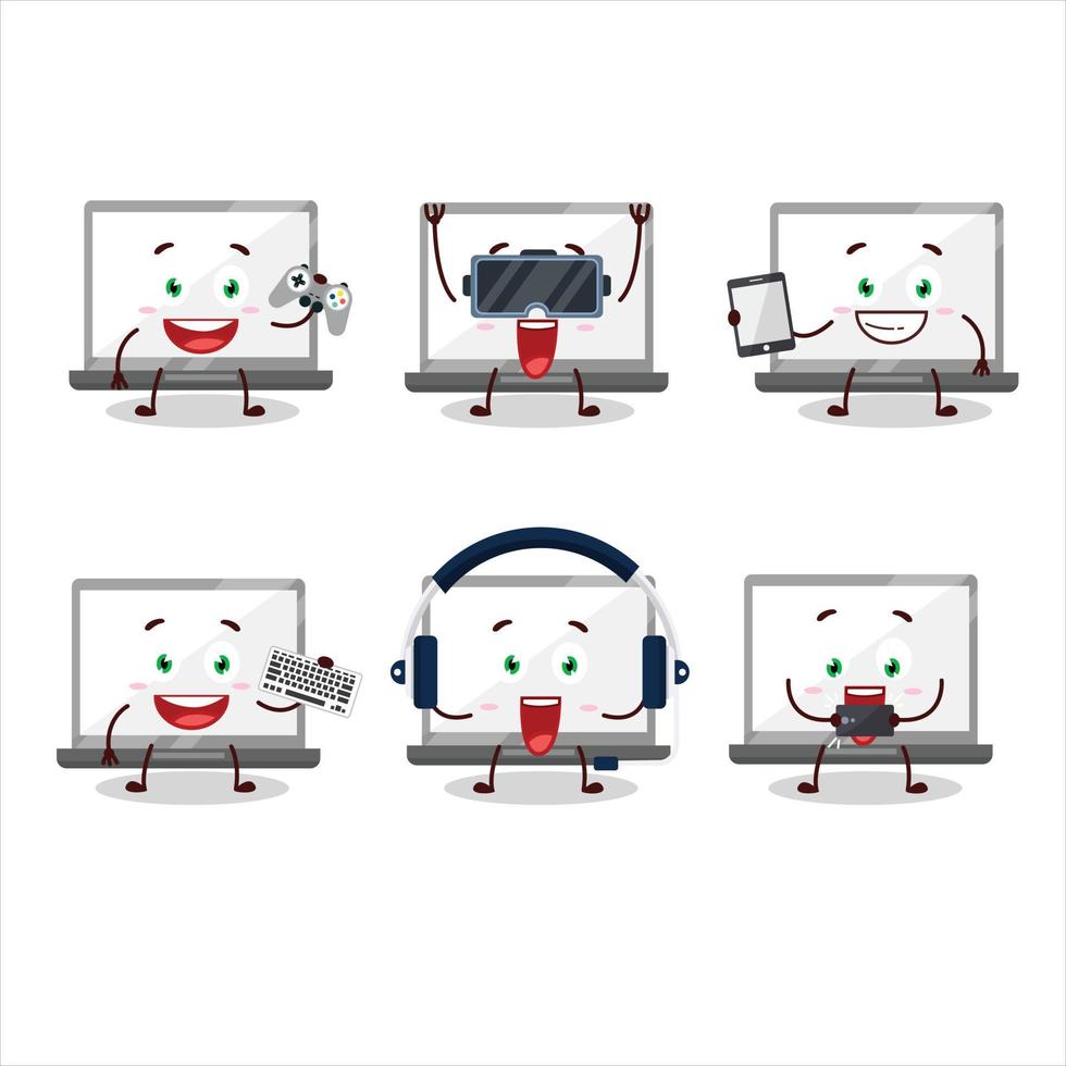 ordenador portátil dibujos animados personaje son jugando juegos con varios linda emoticones vector