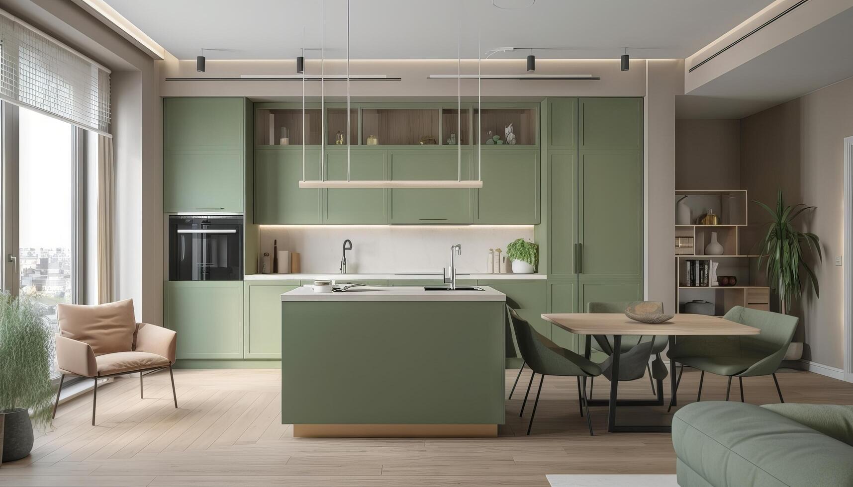 Modern house interior of living room and a kitchen in beige and green colors. photo