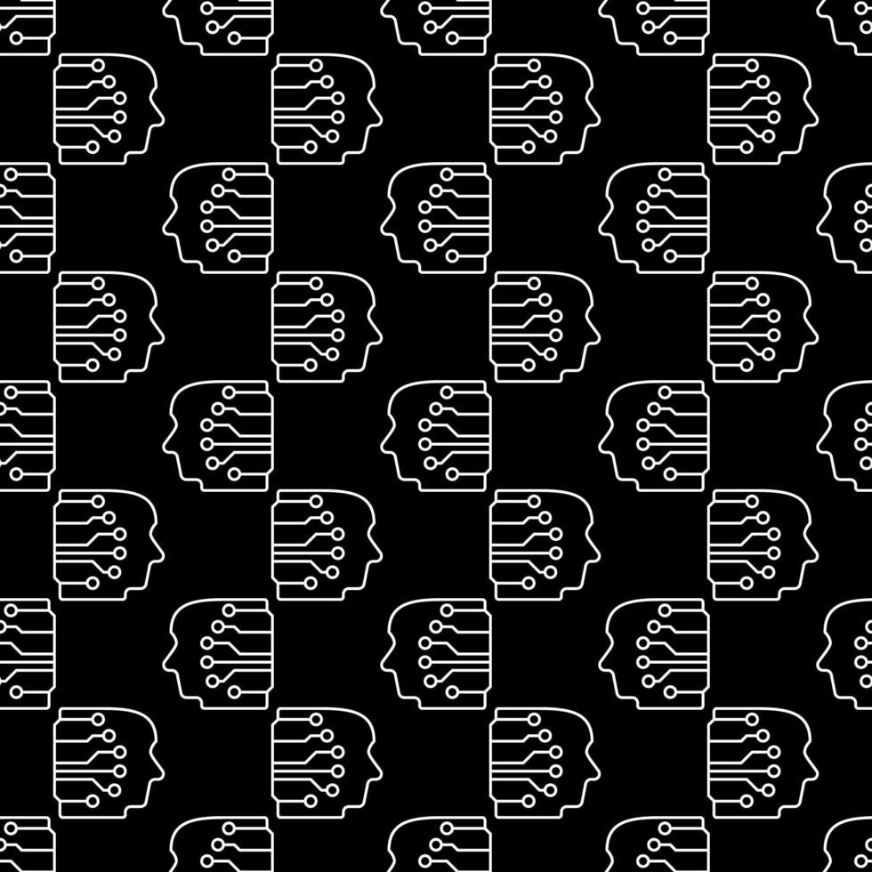 Human Head with Neural Network vector AI concept line dark seamless pattern