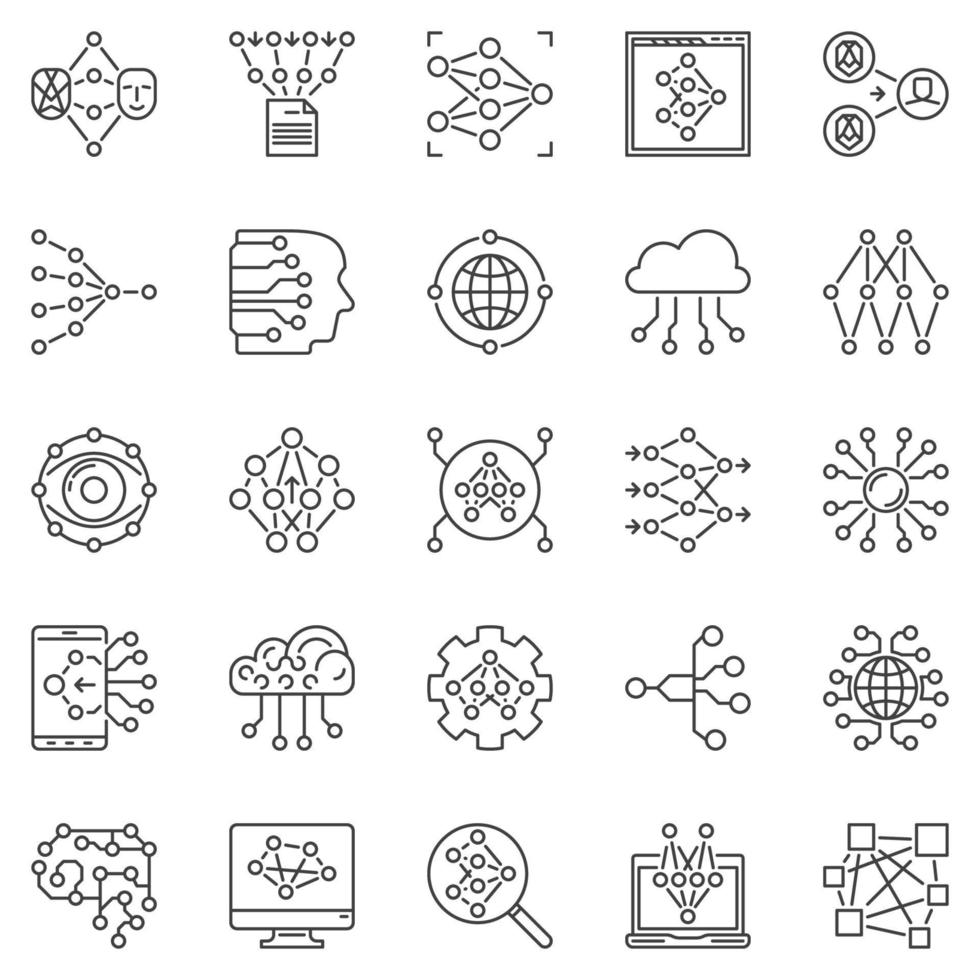 Neural Network outline icons set - Artificial Intelligence vector line symbols