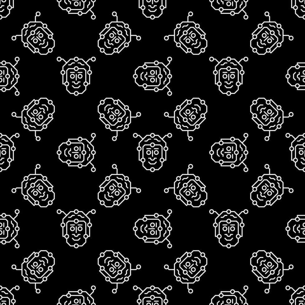 Artificial Intelligence Face vector Robot Head dark line seamless pattern