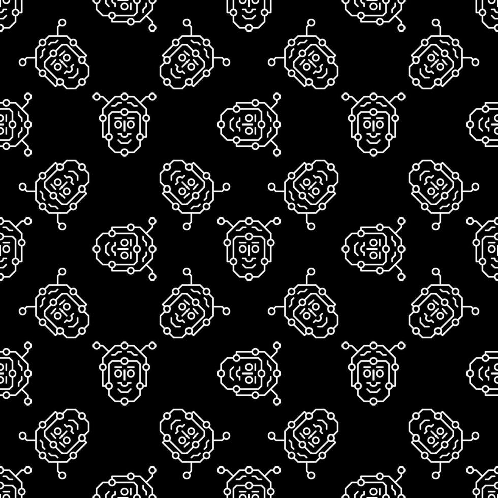 Artificial Intelligence Face vector Robot Head dark line seamless pattern