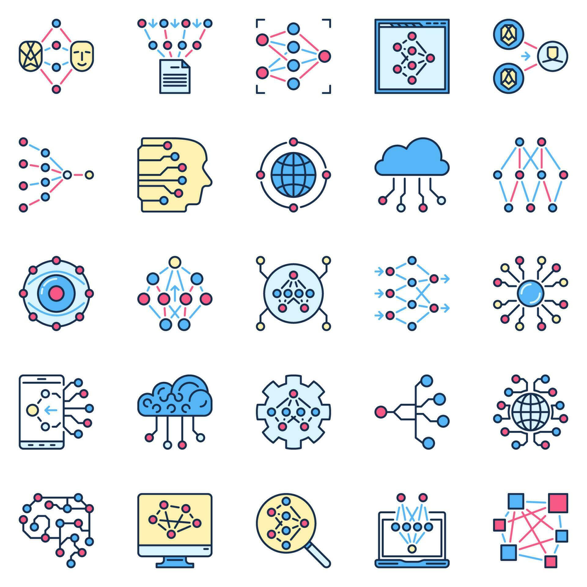 Artificial Neural Network colored icons. AI and Deep Learning vector ...