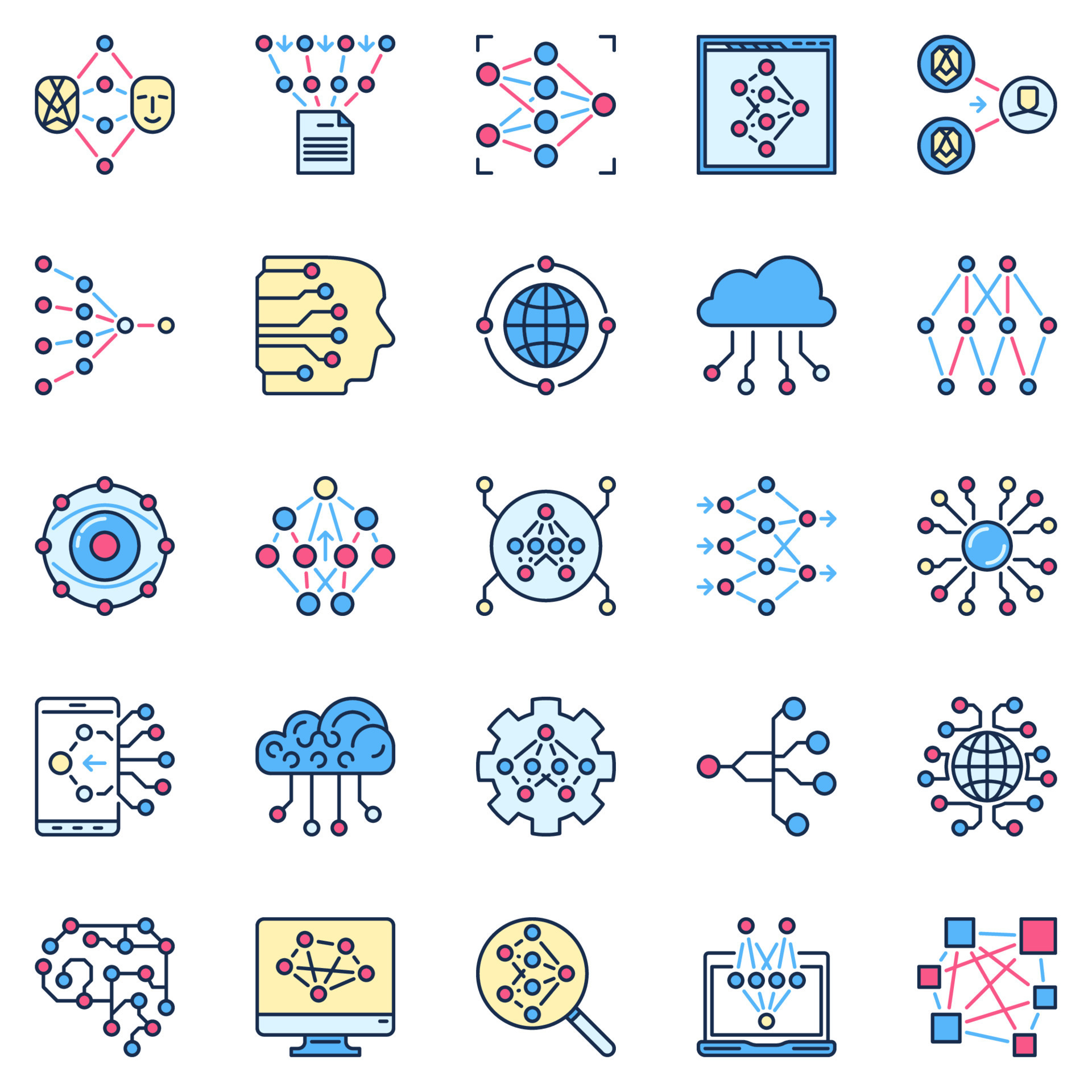 Artificial Neural Network colored icons. AI and Deep Learning vector ...