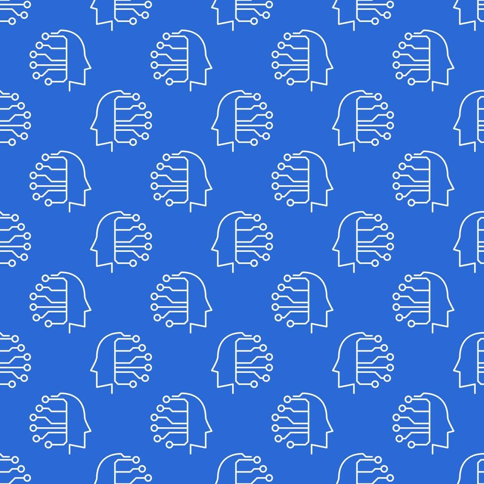 Artificial Intelligence Head vector Technology blue line seamless pattern
