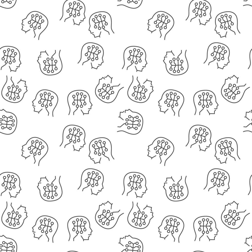 Digital Brain inside Head vector line seamless pattern
