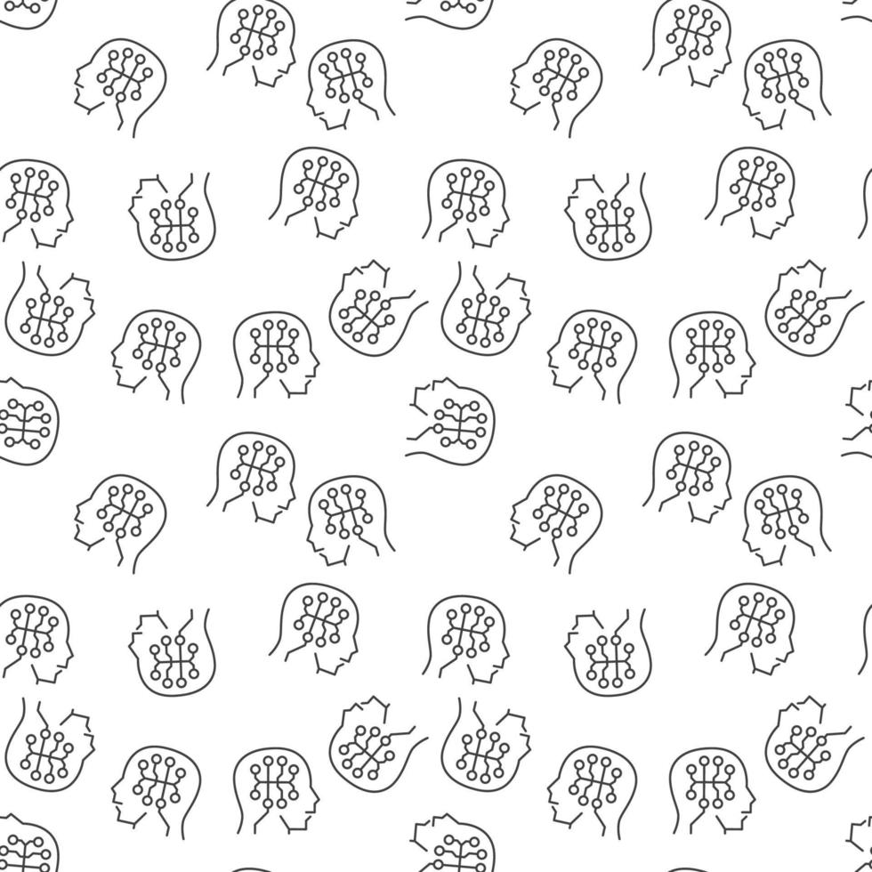 Digital Brain inside Head vector line seamless pattern