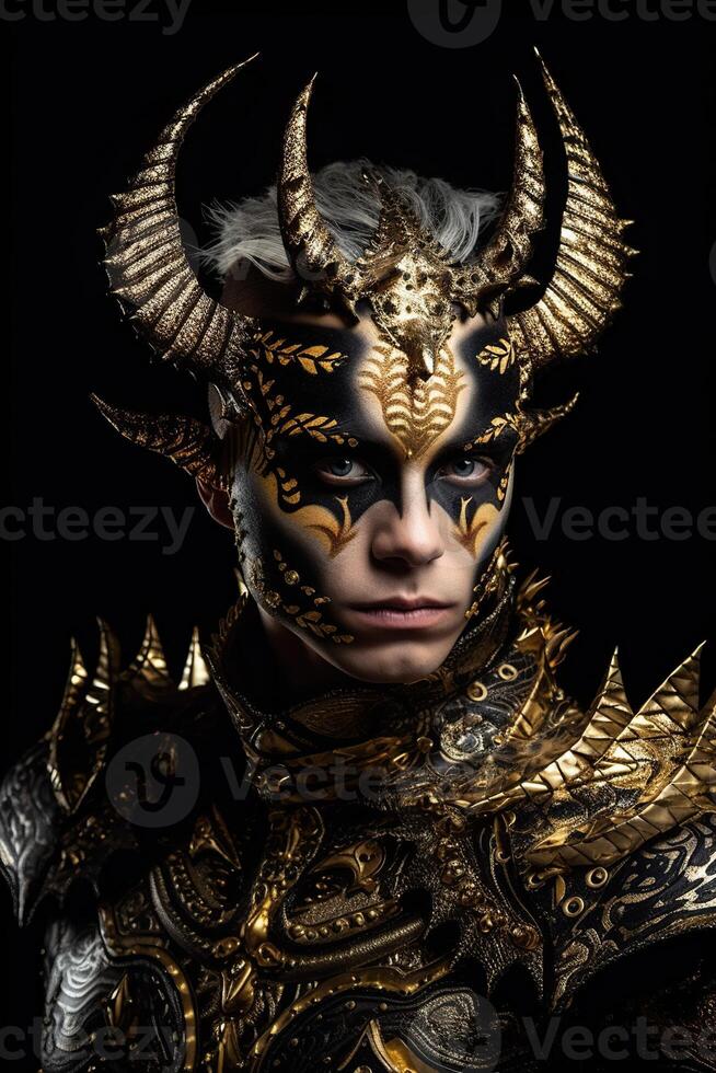 Male daemon warrior in black and gold armor photo