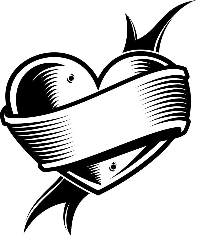 Black And White Image Of A Heart Wrapped With A Banner vector