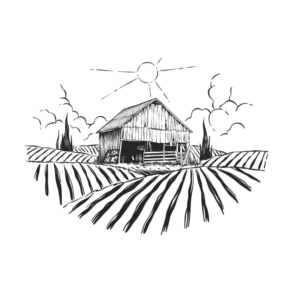 farm hill with vintage barn vector