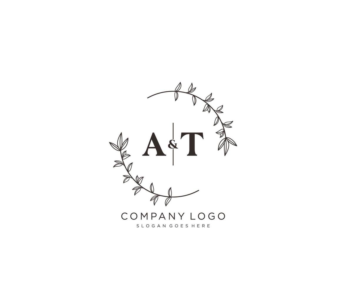initial AT letters Beautiful floral feminine editable premade monoline logo suitable for spa salon skin hair beauty boutique and cosmetic company. vector