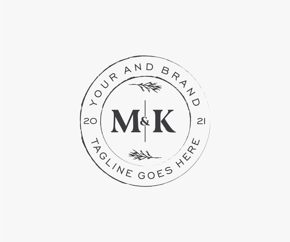 initial MK letters floral frames. Botanical feminine editable premade monoline unique decoration for greeting card, wedding invitation. vector