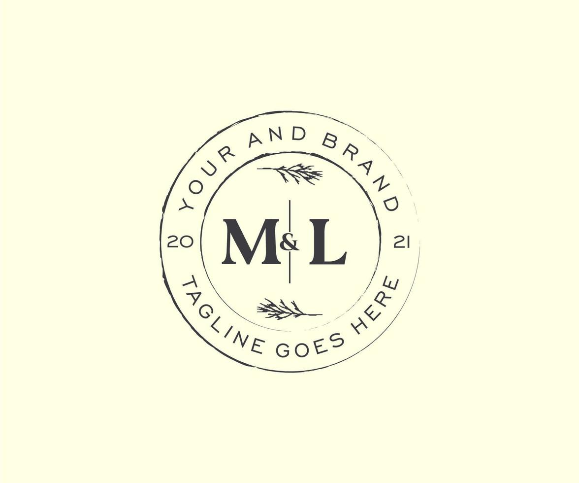 initial ML letters floral frames. Botanical feminine editable premade monoline unique decoration for greeting card, wedding invitation. vector