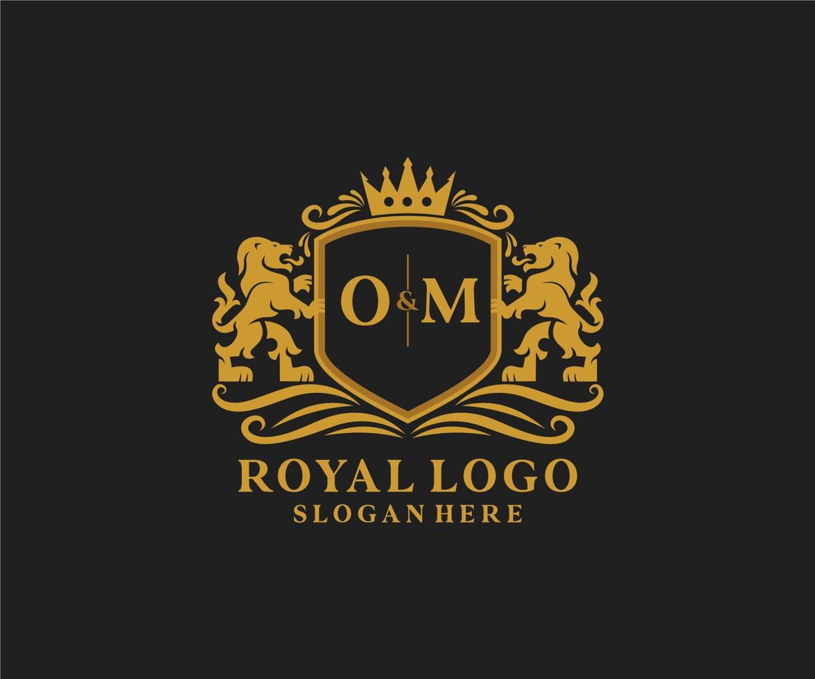 Initial OM Letter Lion Royal Luxury Logo template in vector art for Restaurant, Royalty, Boutique, Cafe, Hotel, Heraldic, Jewelry, Fashion and other vector illustration.