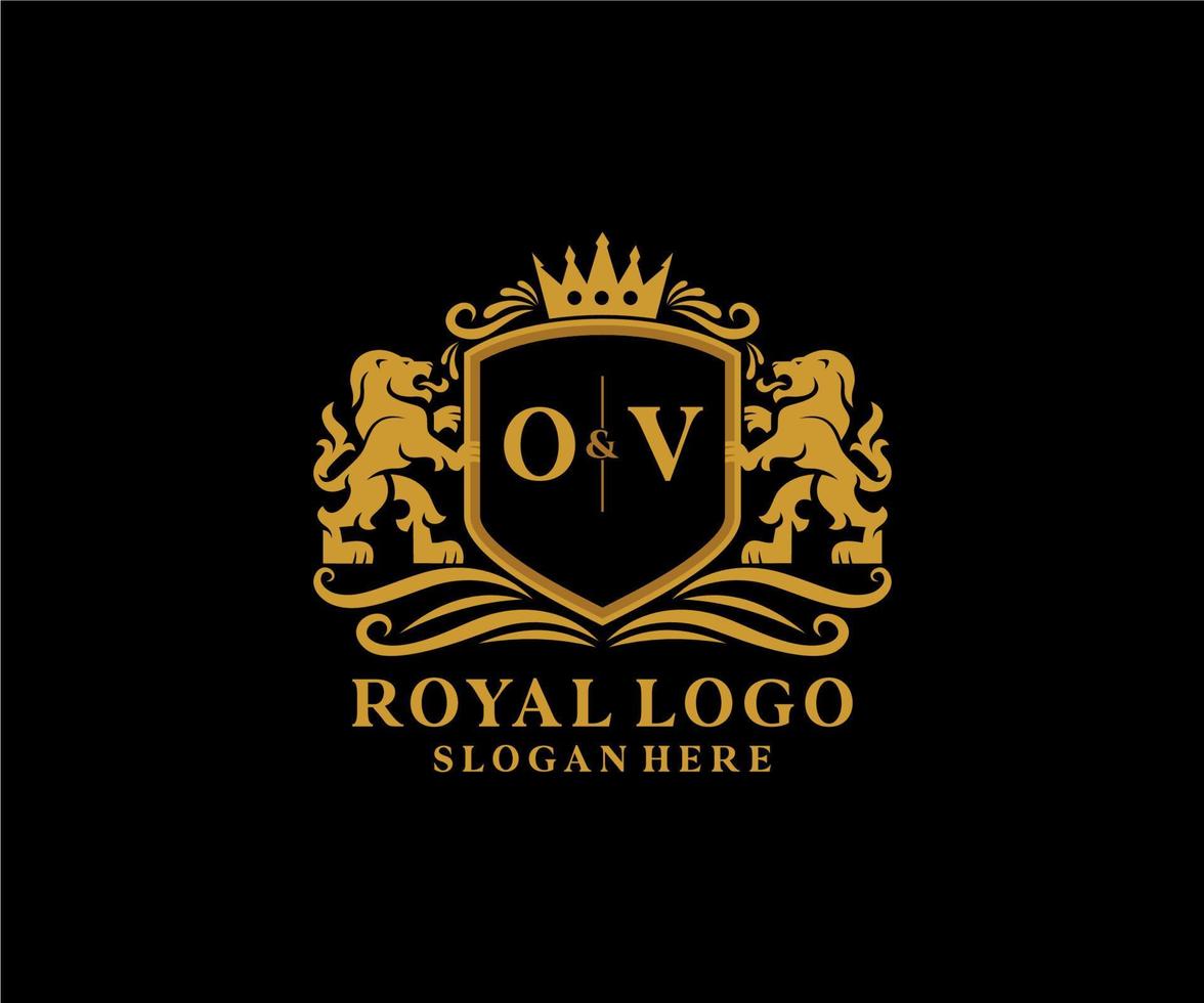 Initial OV Letter Lion Royal Luxury Logo template in vector art for Restaurant, Royalty, Boutique, Cafe, Hotel, Heraldic, Jewelry, Fashion and other vector illustration.