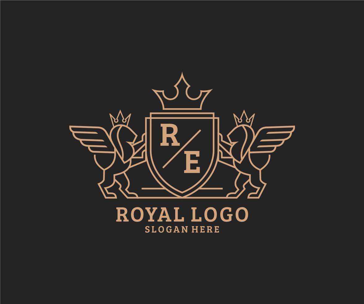 Initial RE Letter Lion Royal Luxury Heraldic,Crest Logo template in vector art for Restaurant, Royalty, Boutique, Cafe, Hotel, Heraldic, Jewelry, Fashion and other vector illustration.