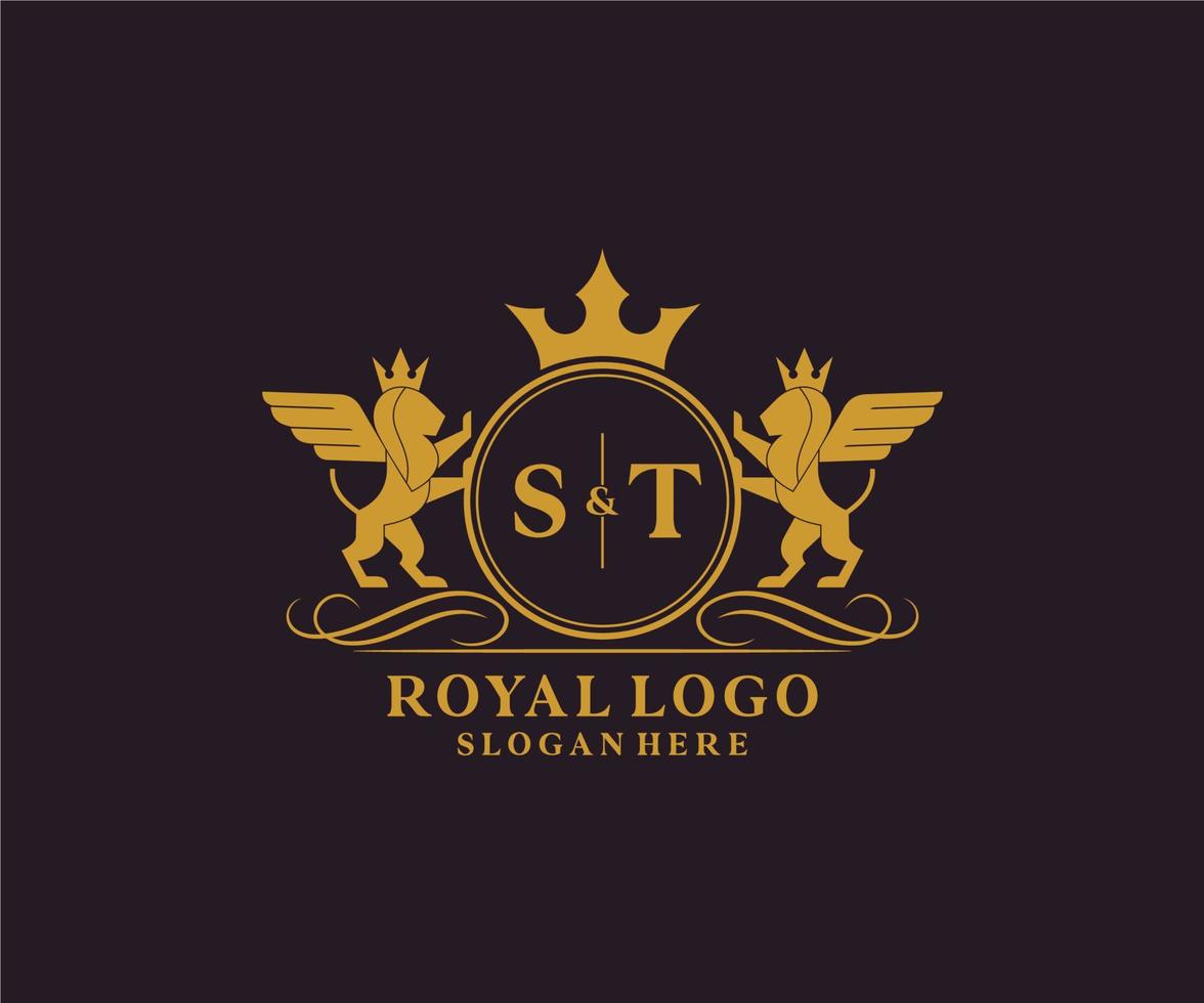 Initial ST Letter Lion Royal Luxury Heraldic,Crest Logo template in vector art for Restaurant, Royalty, Boutique, Cafe, Hotel, Heraldic, Jewelry, Fashion and other vector illustration.