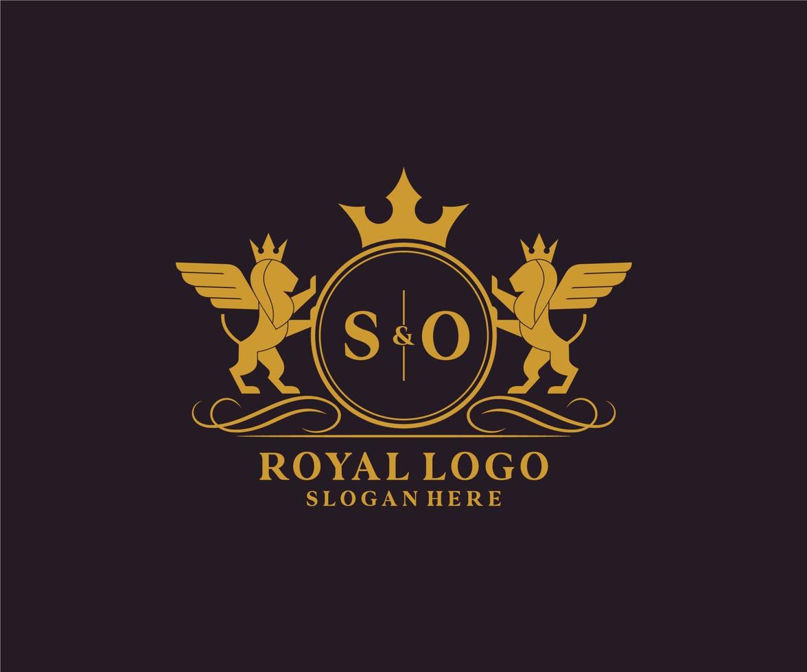 Initial SO Letter Lion Royal Luxury Heraldic,Crest Logo template in vector art for Restaurant, Royalty, Boutique, Cafe, Hotel, Heraldic, Jewelry, Fashion and other vector illustration.