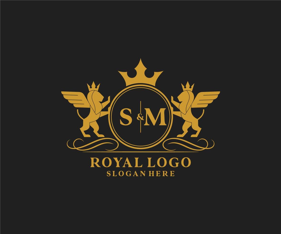 Initial SM Letter Lion Royal Luxury Heraldic,Crest Logo template in vector art for Restaurant, Royalty, Boutique, Cafe, Hotel, Heraldic, Jewelry, Fashion and other vector illustration.