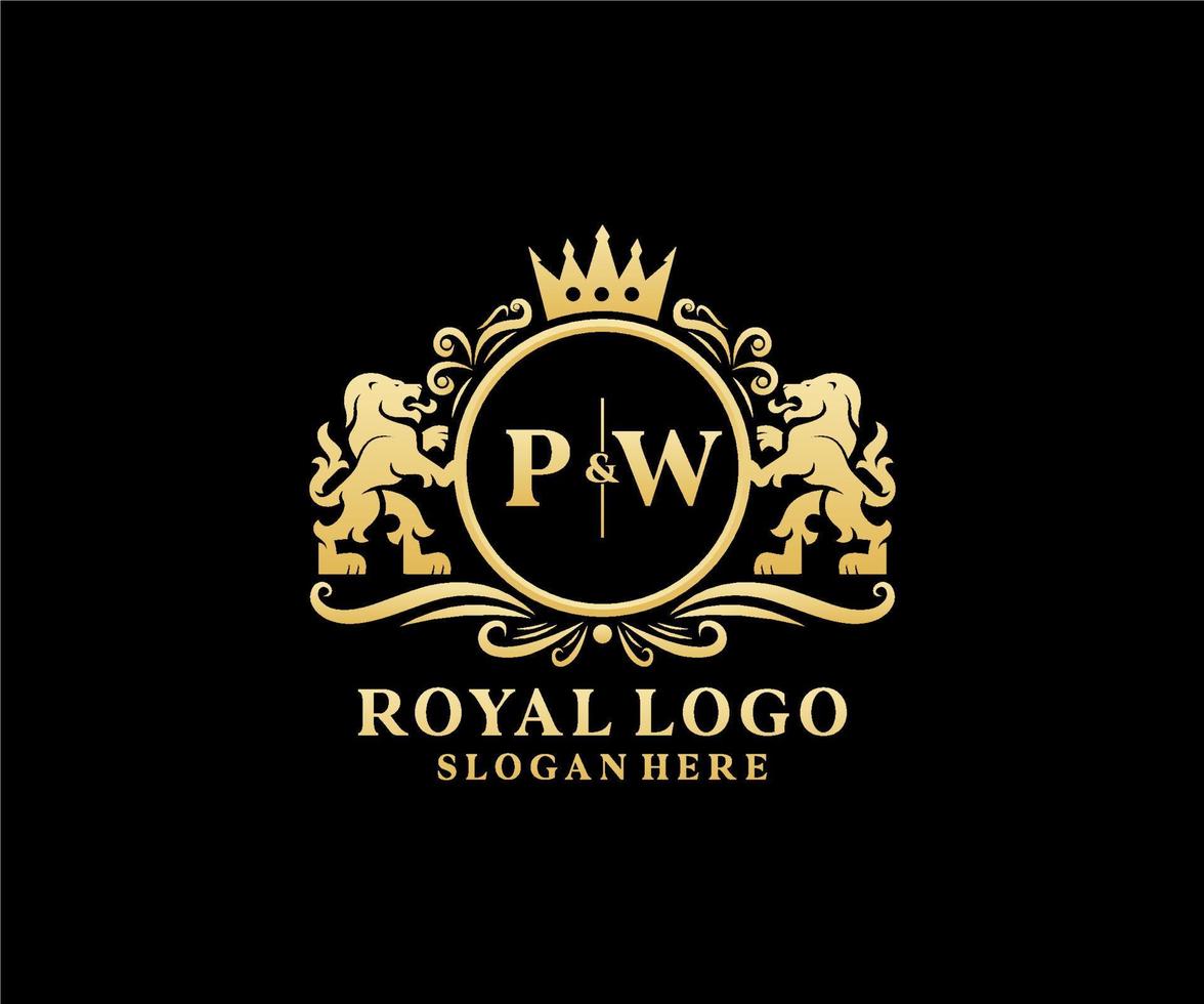 Initial PW Letter Lion Royal Luxury Logo template in vector art for Restaurant, Royalty, Boutique, Cafe, Hotel, Heraldic, Jewelry, Fashion and other vector illustration.