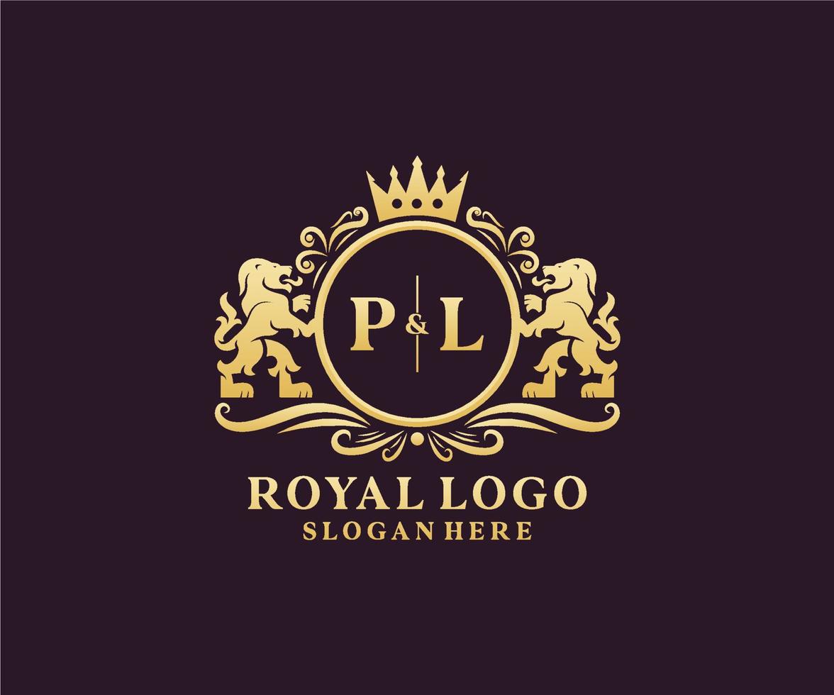 Initial PL Letter Lion Royal Luxury Logo template in vector art for Restaurant, Royalty, Boutique, Cafe, Hotel, Heraldic, Jewelry, Fashion and other vector illustration.