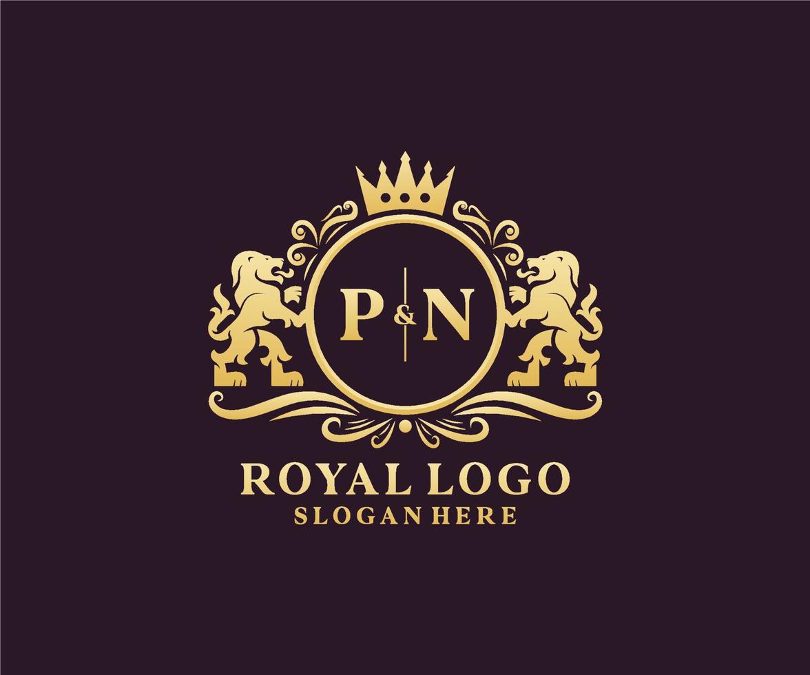 Initial PN Letter Lion Royal Luxury Logo template in vector art for Restaurant, Royalty, Boutique, Cafe, Hotel, Heraldic, Jewelry, Fashion and other vector illustration.