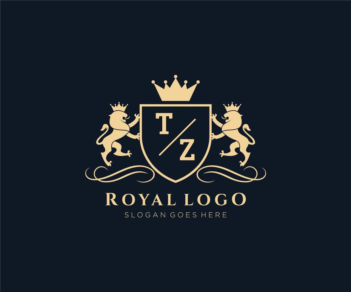 Initial TZ Letter Lion Royal Luxury Heraldic,Crest Logo template in vector art for Restaurant, Royalty, Boutique, Cafe, Hotel, Heraldic, Jewelry, Fashion and other vector illustration.