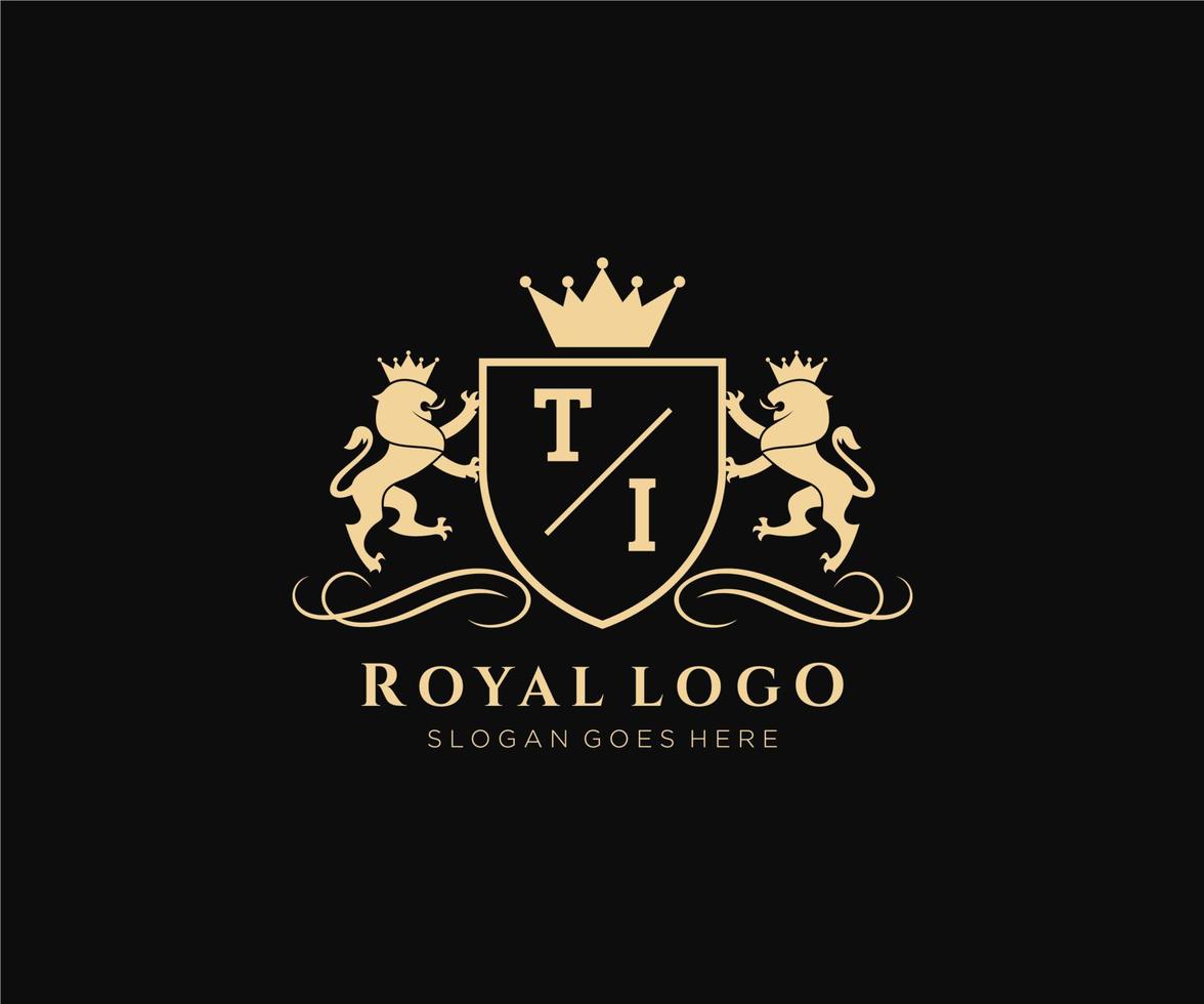 Initial TI Letter Lion Royal Luxury Heraldic,Crest Logo template in vector art for Restaurant, Royalty, Boutique, Cafe, Hotel, Heraldic, Jewelry, Fashion and other vector illustration.