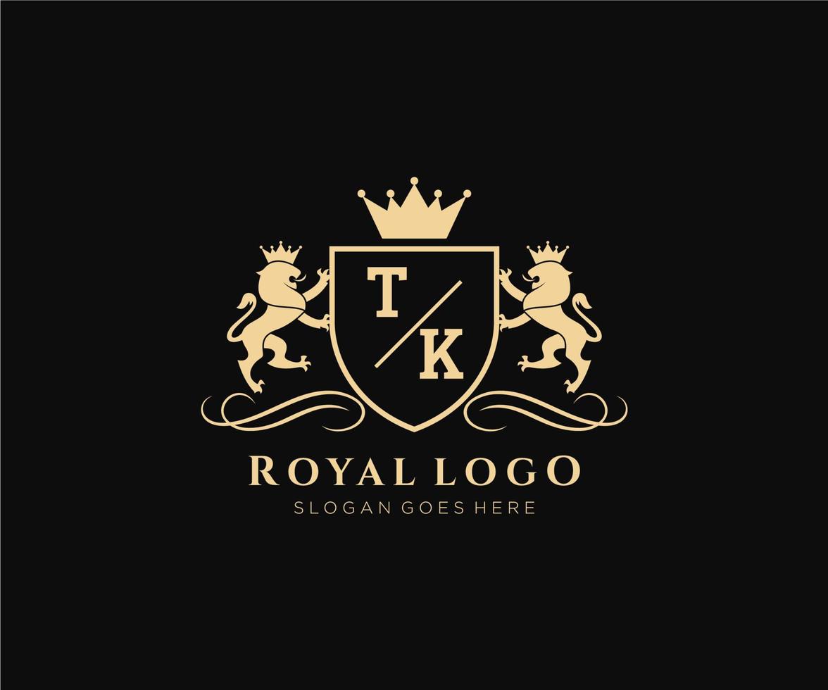 Initial TK Letter Lion Royal Luxury Heraldic,Crest Logo template in vector art for Restaurant, Royalty, Boutique, Cafe, Hotel, Heraldic, Jewelry, Fashion and other vector illustration.