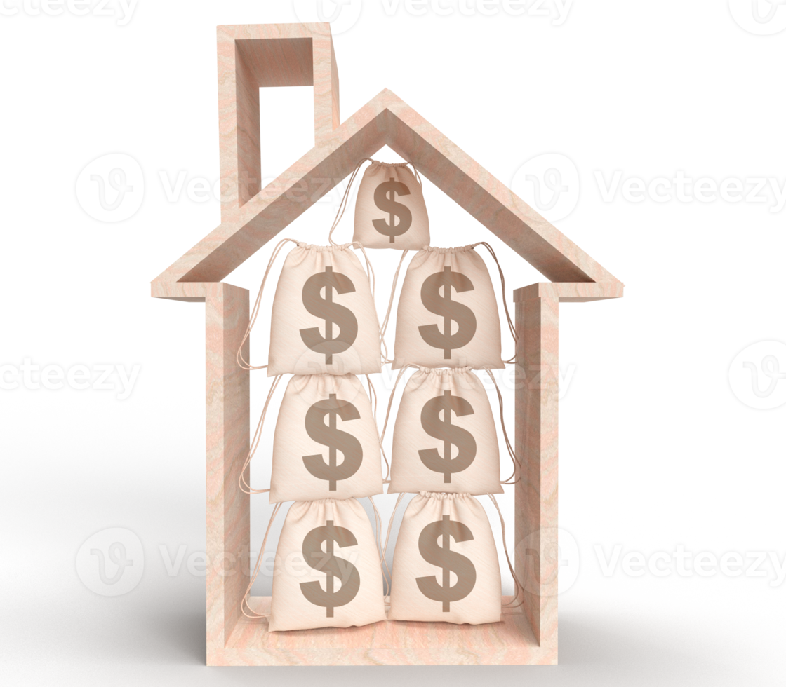 Accueil maison en bois sac nous dollar devise argent symbole signe réel biens propriété affaires vente hypothèque investissement Résidentiel prêt dette financier location résidence argent bancaire courtier acheteur.3d rendre png