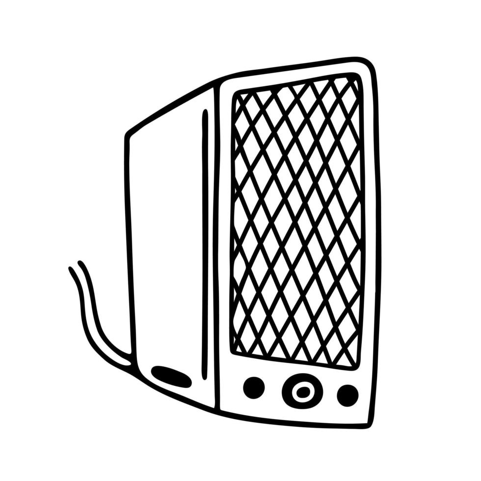 música altavoz vector icono. retro dispositivo para disco, cine, baile. sonido artilugio con un cable. mano dibujado ilustración aislado en blanco. sencillo garabatear, bosquejo. dibujos animados clipart para logo, web, aplicaciones