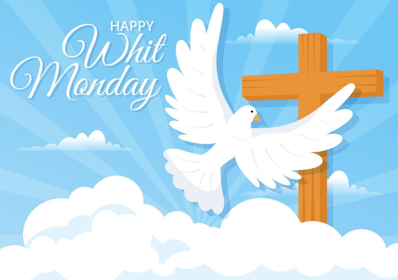 Whit Monday Vector Illustration with a Pigeon or Dove for Christian Community Holiday of the Holy Spirit in Flat Cartoon Hand Drawn Templates