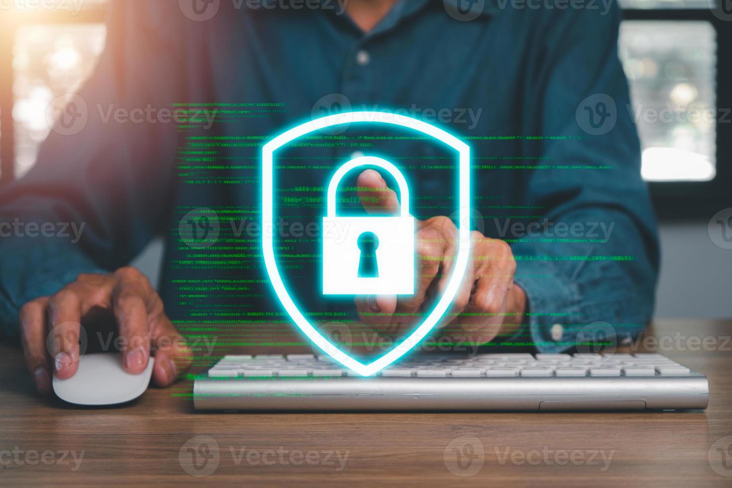 Cyber security, digital crime concept, Person touching on VR screen padlock icon, cybersecurity expert working on secure access internet to protect server against cybercrime. photo