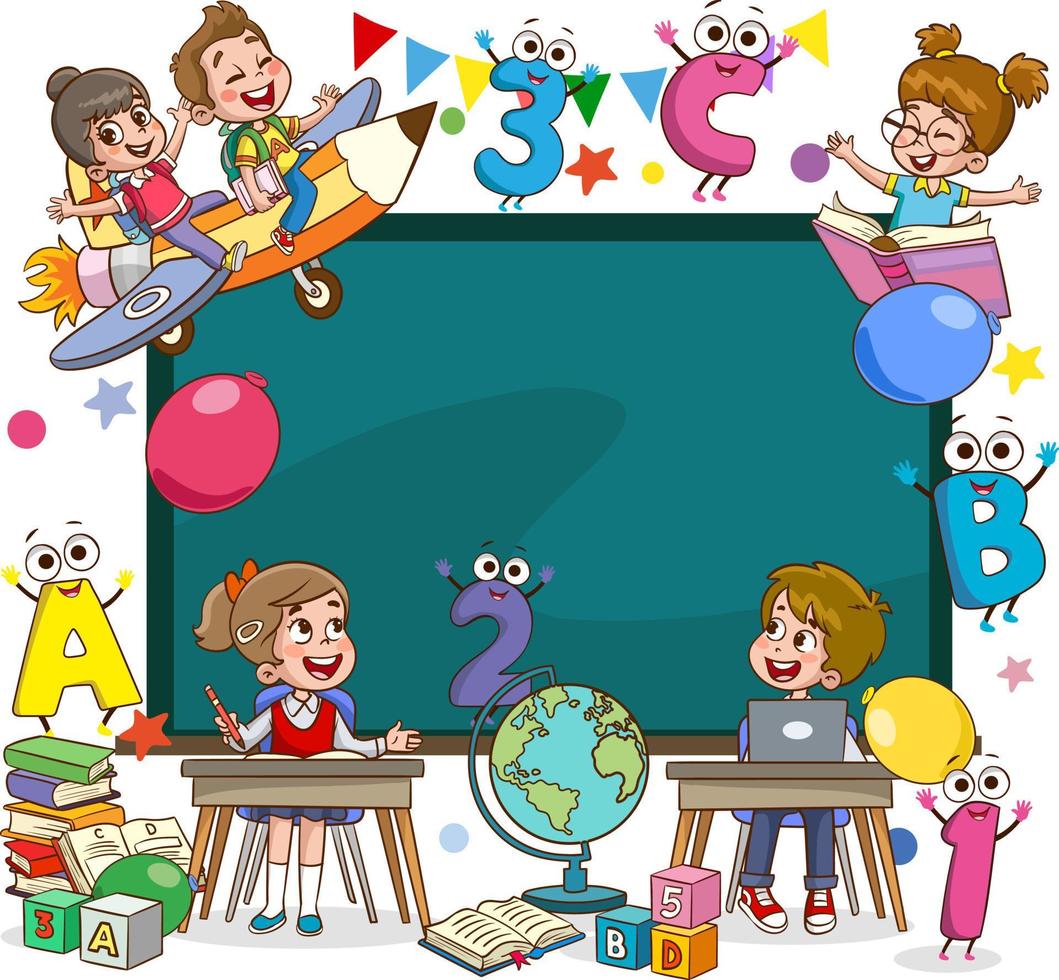 pequeño niños estudiando y jugando a preescolar salón de clases vector.a dibujos animados de niños con un pizarra ese dice tu texto aquí. vector