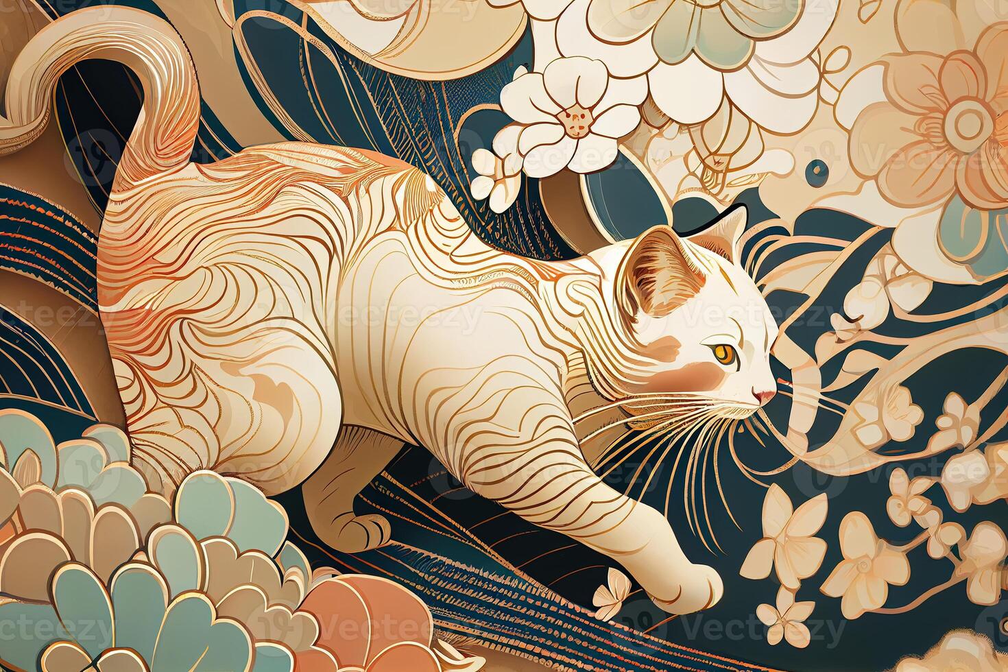 illustration of a cat is exploring, Japanese style pattern background, pastel illustration photo