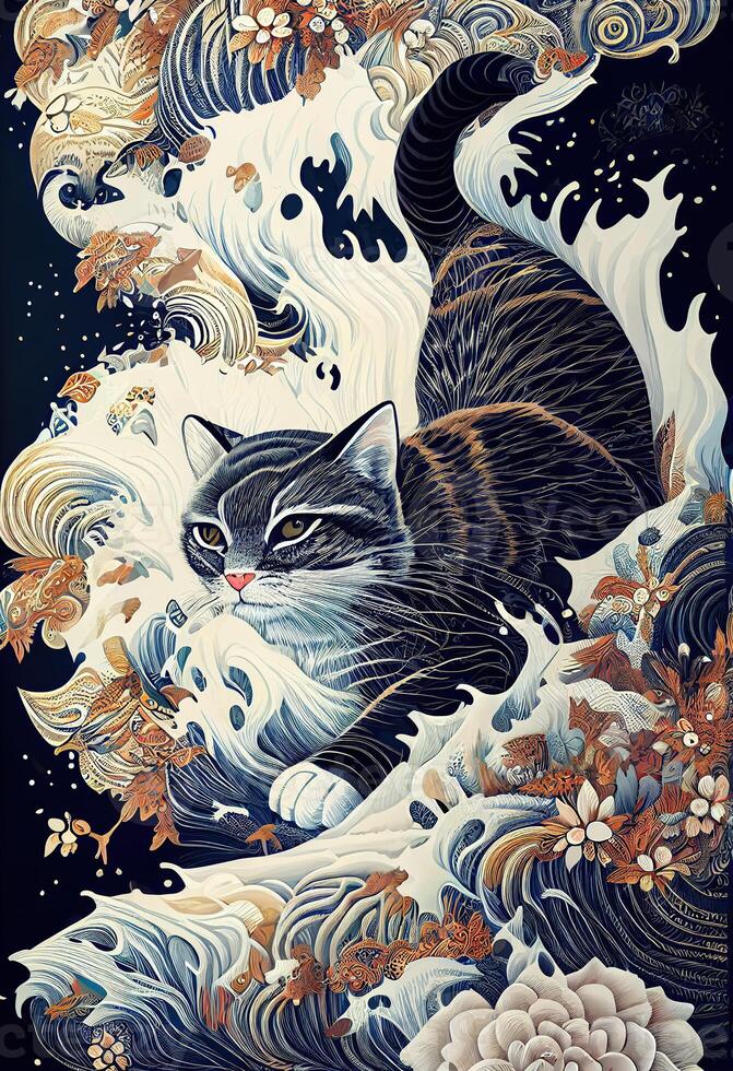 illustration of a cat is exploring, Japanese style pattern background, pastel illustration photo