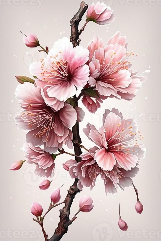 illustration of realistic sakura or cherry blossom, japanese spring flower sakura, pink cherry flower on white background photo