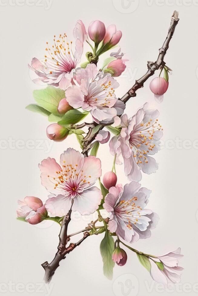 illustration of realistic sakura or cherry blossom, japanese spring flower sakura, pink cherry flower on white background photo