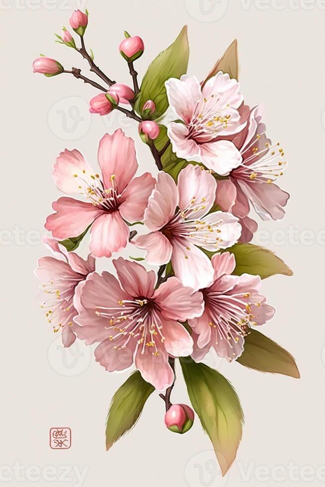 illustration of realistic sakura or cherry blossom, japanese spring flower sakura, pink cherry flower on white background photo