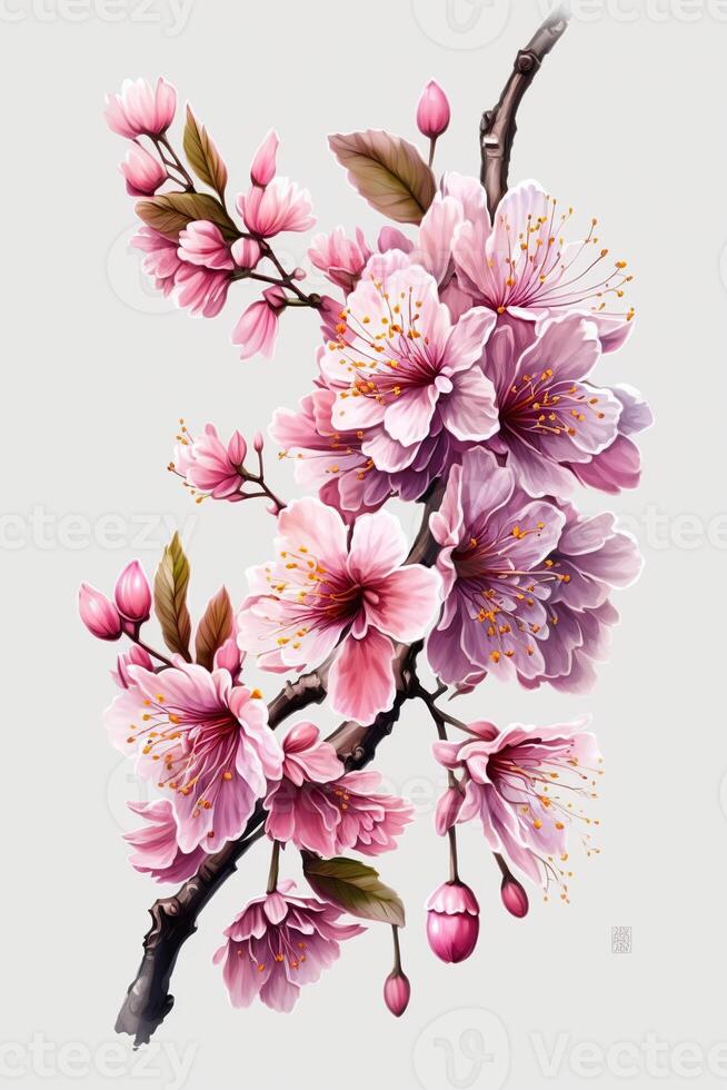 illustration of realistic sakura or cherry blossom, japanese spring flower sakura, pink cherry flower on white background photo