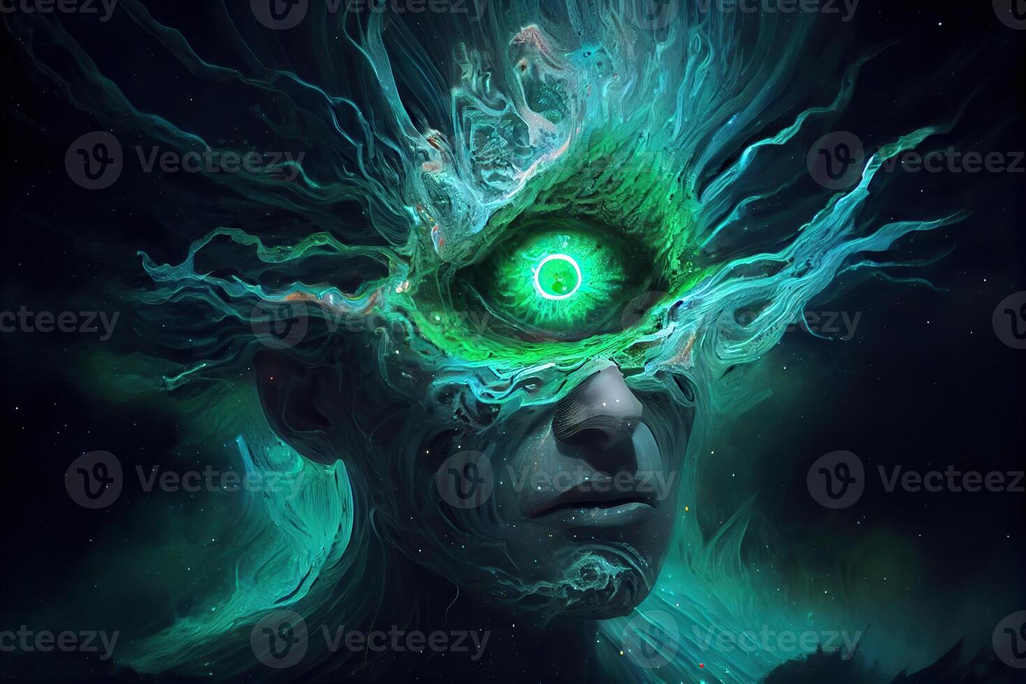 illustration of a cosmic being, each eye is a neutron star, his mouth is a black hole, and he gives off a malachite green aura photo