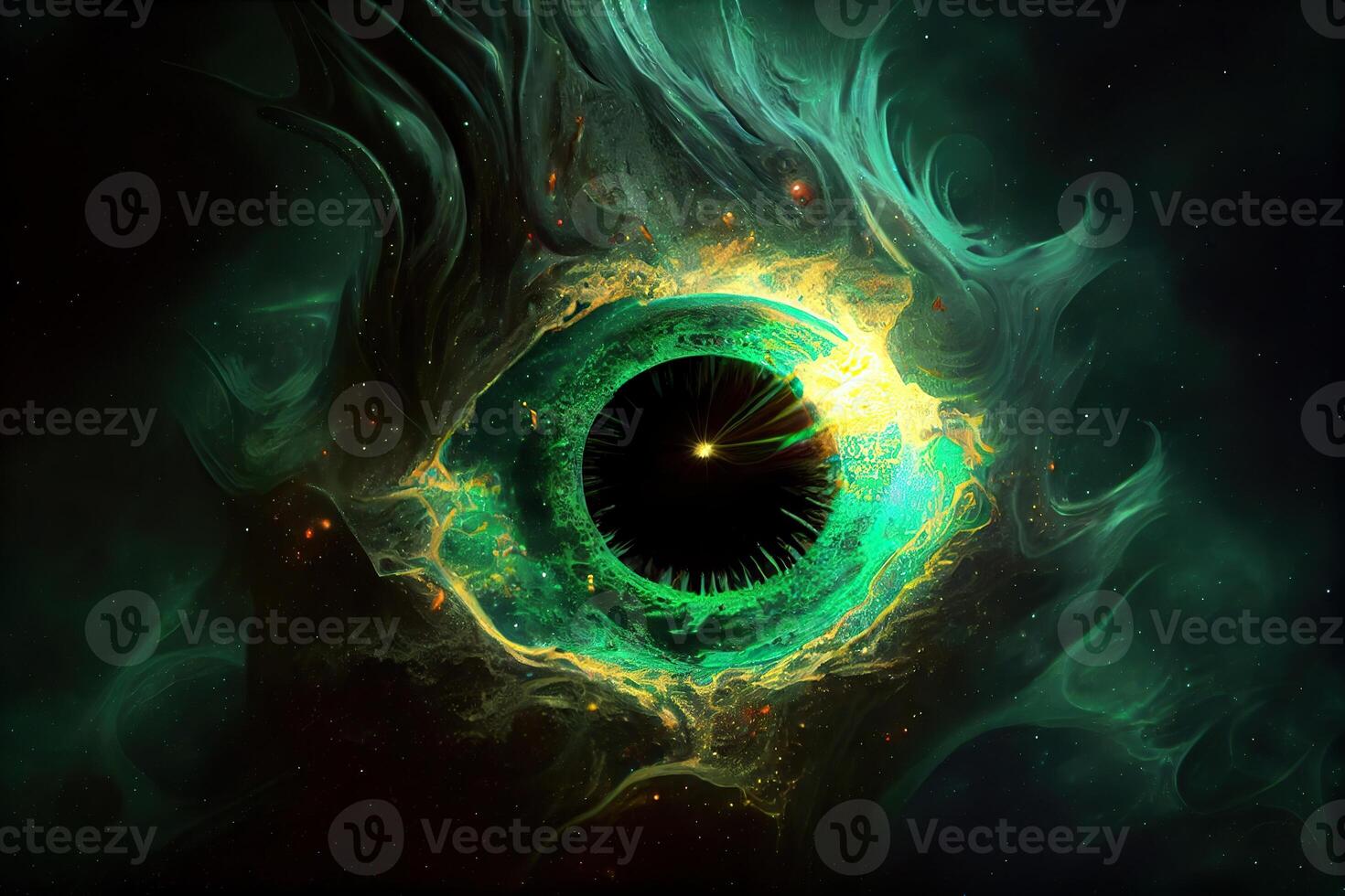 illustration of a cosmic being, each eye is a neutron star, his mouth is a black hole, and he gives off a malachite green aura photo