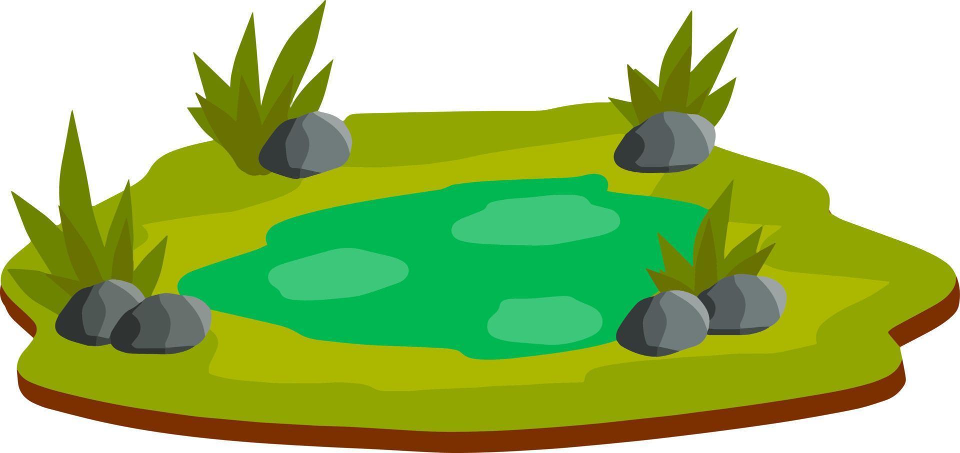 Pond and swamp, lake. Landscape with grass, stones. Platform and ground. Background for illustration. Flat cartoon. Element of nature and forests and water vector